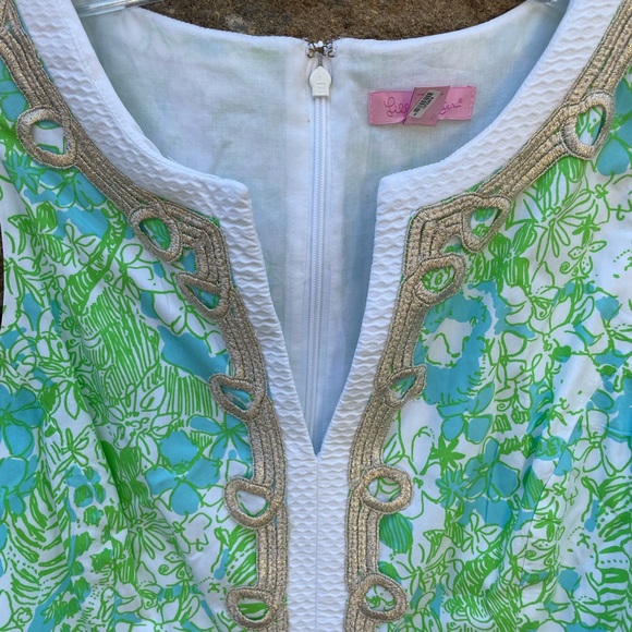 LILY PULITZER DRESS JANICE SHIFT GREEN PANDAMONIUM PANDA GOLD LACE TRIM - Picture 2 of 7